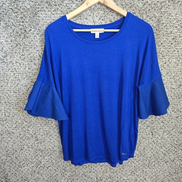 Calvin Klein Top Womens Medium Blue Scoop Neck Stretch Tee Bell‎ Sleeve Casual - Picture 1 of 7
